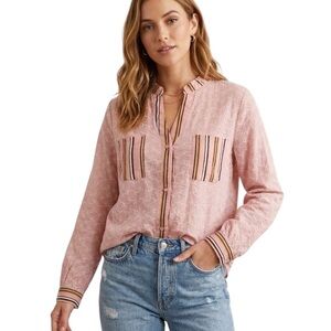 Net.153 Blouse Womens Size L Pink Eyelet Button Front Striped Trim Pockets